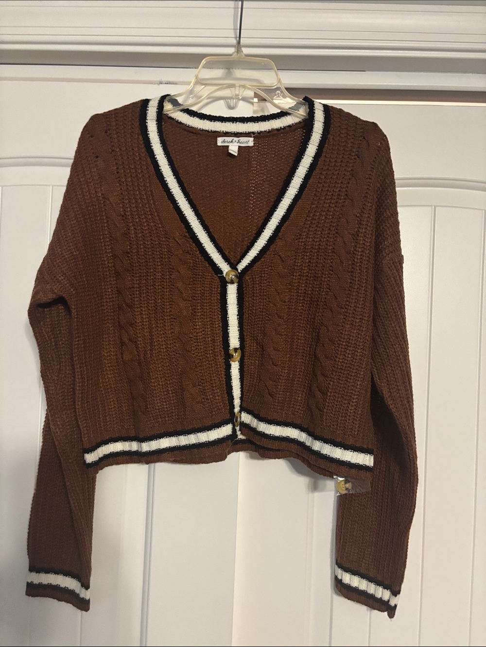 Derek Heart Brown Cropped Cable Knit Cardigan with Black & White Trim